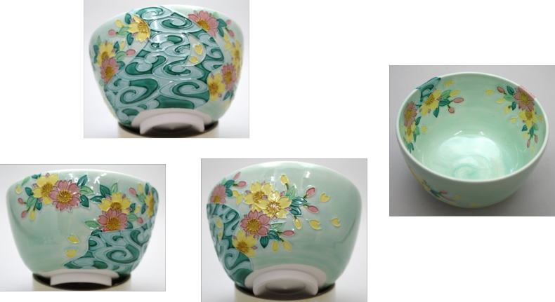 【茶器/茶道具 抹茶茶碗】 白緑交趾焼き 桜に観世水 山本一如作