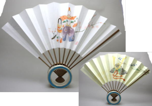 【茶器/茶道具 飾扇子(飾り扇子)】 両面使い(リバーシブル) 立雛&兜 尺一