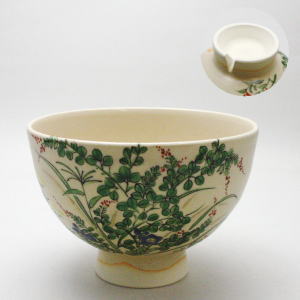茶器/茶道具 抹茶茶碗】 楽山写し 秋草の絵 割高台 原清和作 祥雲窯