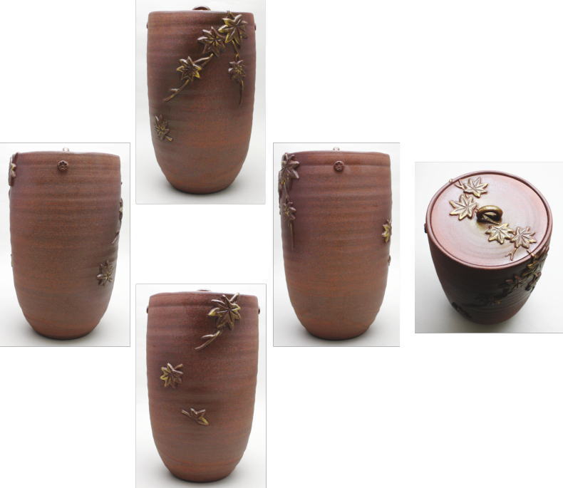 【茶器/茶道具 水指(水差し)】 細水指(中置) 浮彫り 紅葉 中村秋峰作