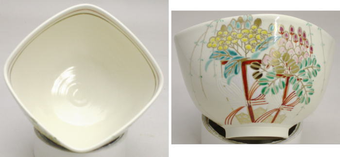 【茶器/茶道具 抹茶茶碗 雛祭り】 仁清写し 華雛絵四方茶碗 山川敦司作(泉涌寺窯)