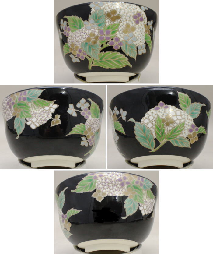 〇【茶器/茶道具 抹茶茶碗】 黒仁清写し 紫陽花 宮地英香作