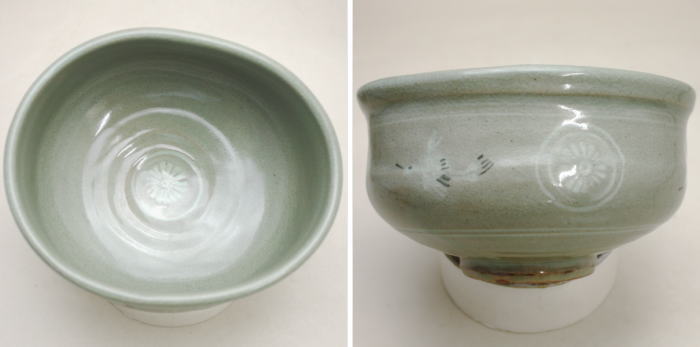 【茶器/茶道具 抹茶茶碗】 青磁 沓形(沓型 くつ形 くつ型) (くつわ狂言袴) 中村与平作