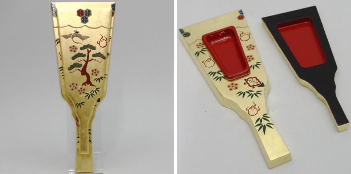 【茶器/茶道具 香合】 羽子板 蓬莱山蒔絵 岡本康光作