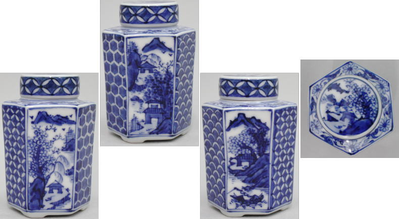 【煎茶道具 茶入】 京焼き 染付 山水 六角 高野昭阿弥作