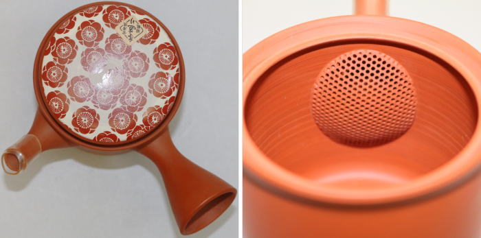 【急須】 常滑焼き(とこなめ焼き) 朱泥 筒 被せ蓋 陶器製網 梅原昭二作(陶号:船龍)