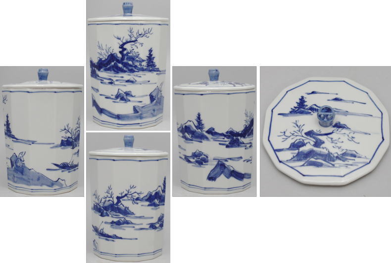 【茶器/茶道具 水指(水差し)】 細水指(中置) 十二角 染付山水 西尾瑞豊作 桑小卓用