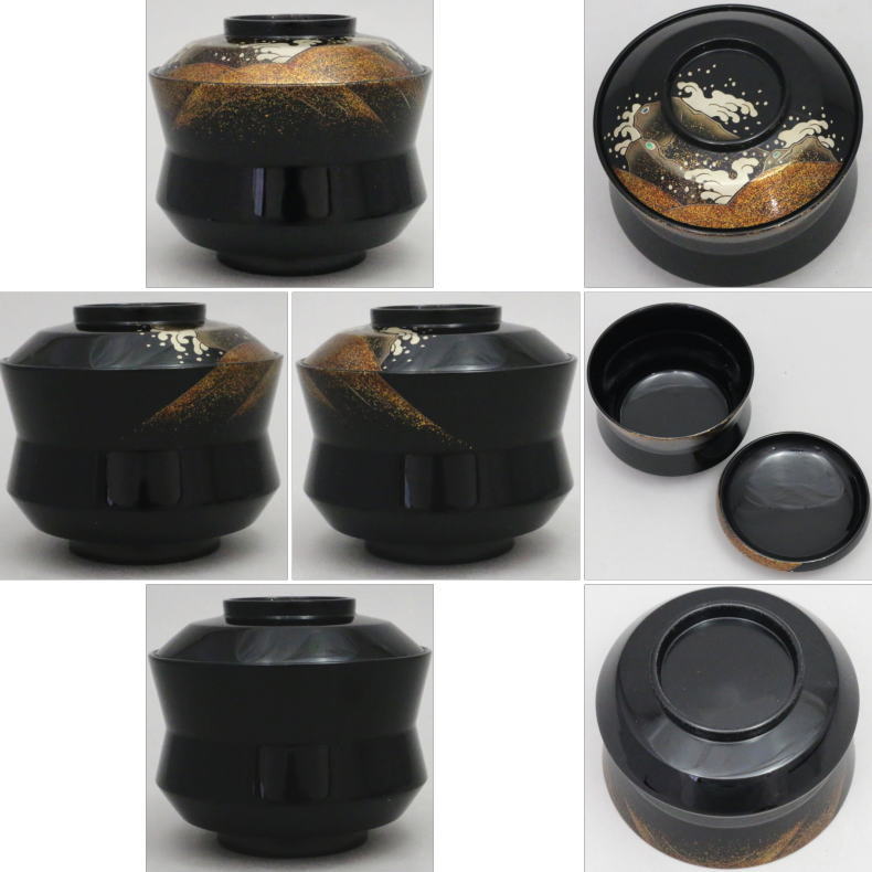 【懐石道具(会席道具) 四つ椀】 坪椀(煮物椀) 輪島塗り 波蒔絵 5客セット 木製