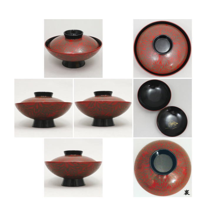 【懐石道具(会席道具) 四つ椀 汁椀】 吸物椀/煮物椀 輪島塗り 蒔絵 蓋裏鳥 5客セット 木製 北浜宗貴作