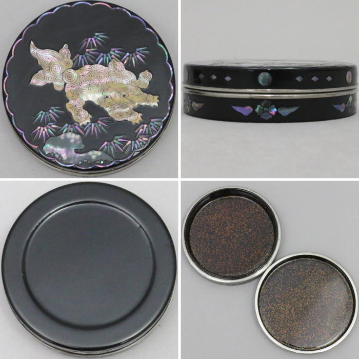 【茶器/茶道具 香合】 青貝 唐獅子 武蔵川健三作 (号:貢山)