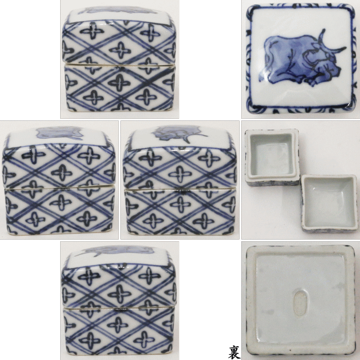 【茶器/茶道具 香合 干支「丑」】 干支香合 染付 四方 張甲牛 杉田祥平作(清閑寺窯) (干支牛 御題実)