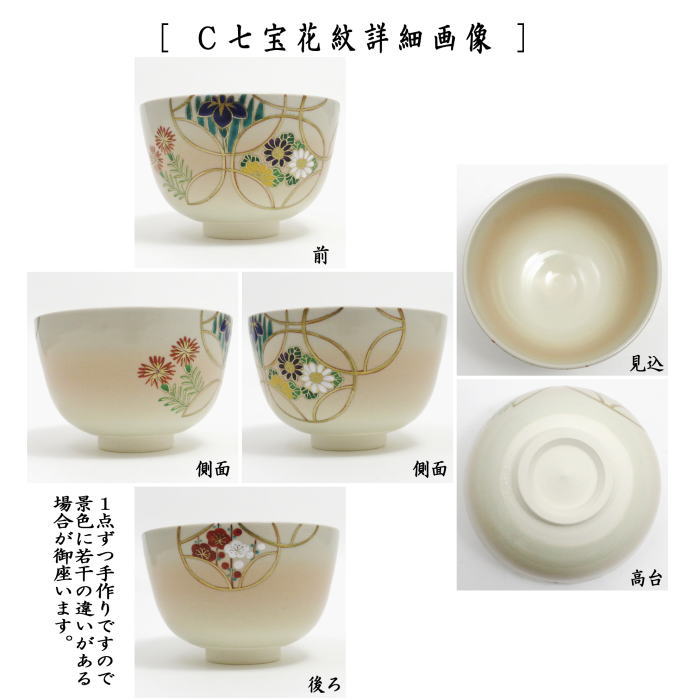 【茶器/茶道具 抹茶茶碗】 仁清写し 花丸四君子又は六瓢草花又は七宝花紋 中村華峰作