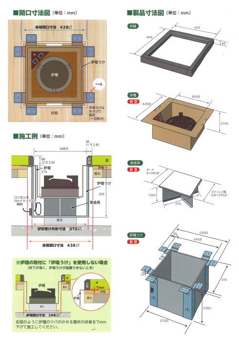 【茶器/茶道具 炉壇&炉縁】 ヤマキ電器 4点セット 電器炭 炉壇 炉色仕上げ YU-604&炉壇受け 内側コンセント付 YU-614&受金具 ボード付 YU-615&炉縁 掻合 (電器炭を取り外して炭用としても使えます)