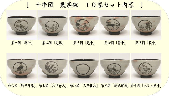 茶器/茶道具 抹茶茶碗】 数茶碗 唐津焼き 掛分 十牛の図 10客セット 西尾香舟作 （十客セット・10客組・十客組） – 今屋静香園