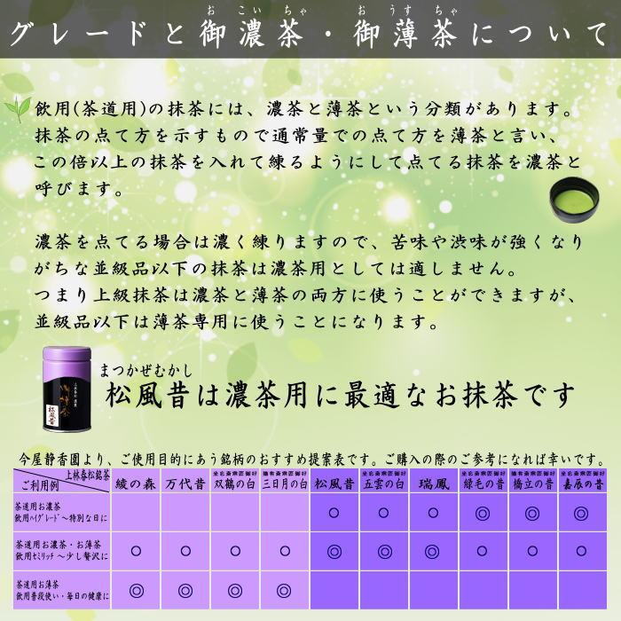【抹茶/MATCHA/powdered grenn tea】　松風昔　100g入り　上林春松本店　（薄茶用又は濃茶用）Matcha kannbayasi お抹茶 omaccya 御抹茶 ousu お濃 御濃茶 濃茶 こい茶 宇治抹茶 京都 宇治