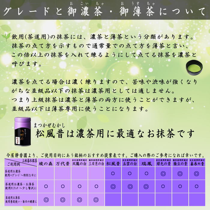 【抹茶/MATCHA/powdered grenn tea】　松風昔　100g入り　上林春松本店　（薄茶用又は濃茶用）Matcha kannbayasi お抹茶 omaccya 御抹茶 ousu お濃 御濃茶 濃茶 こい茶 宇治抹茶 京都 宇治