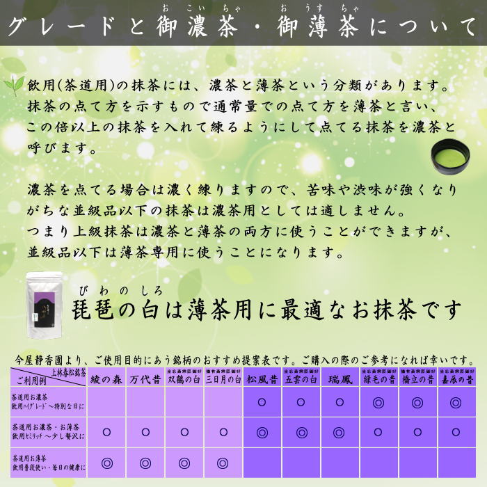 【抹茶/MATCHA/powdered grenn tea】　琵琶の白　100g袋入り×1袋　上林春松本店　袋入り　（薄茶用又は濃茶用）Matcha kannbayasi お抹茶 omaccya 御抹茶 ousu お濃 御濃茶 薄茶 うす茶 宇治抹茶 京都 宇治