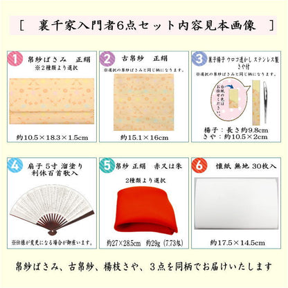 [Tea utensils/tea ceremony tools for beginners/lessons/practice] 6-piece pure silk Urasenke beginners set, small flower vine chintz or Tozan-sare (same pattern, all pure silk)