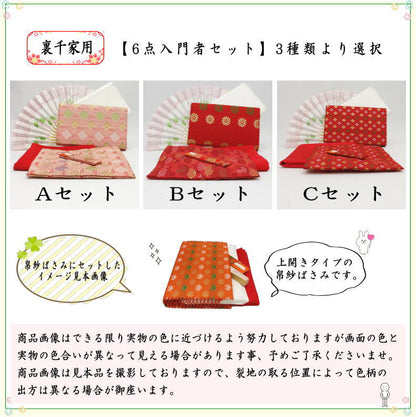 【茶器/茶道具セット　茶道初心者用】　6点入門者裏千家セット　（外入セット）　3種類より選択　（二折れ帛紗ばさみ　クリアケース入物付）