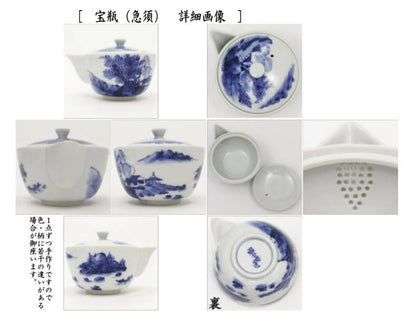 【煎茶道具　煎茶器セット】　京焼き　染付　山水　高野昭阿弥作　（湯のみ　5客・宝瓶（急須）・湯さまし）