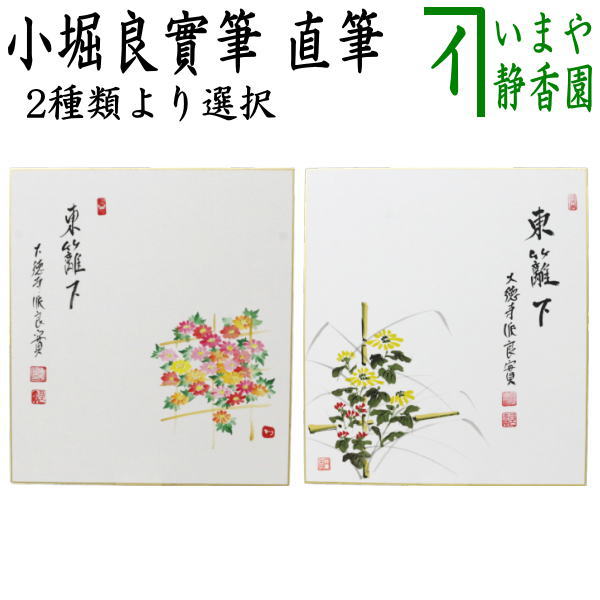 【茶器/茶道具　色紙画賛　重陽の節句】　直筆　東籬下　菊の画　小堀良實筆　河村和布己画又は円香画