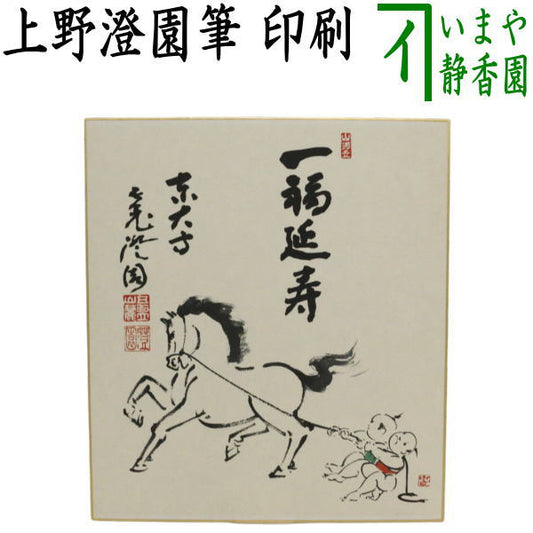 【茶器/茶道具　色紙画賛　干支「午」】　干支色紙　印刷　一福延寿　上野澄園筆　馬引く唐子の画　仲春洋画　（干支午　御題明）　（干支　午・馬・うま）