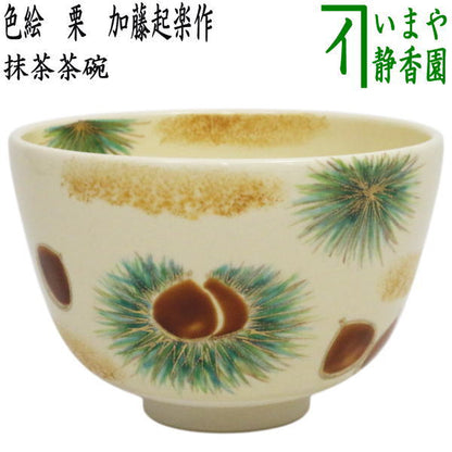〇【茶器/茶道具　抹茶茶碗】　色絵茶碗　栗　加藤起楽作　（いが栗・イガ栗・毬栗）