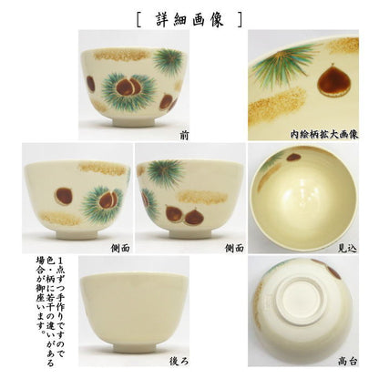 〇【茶器/茶道具　抹茶茶碗】　色絵茶碗　栗　加藤起楽作　（いが栗・イガ栗・毬栗）