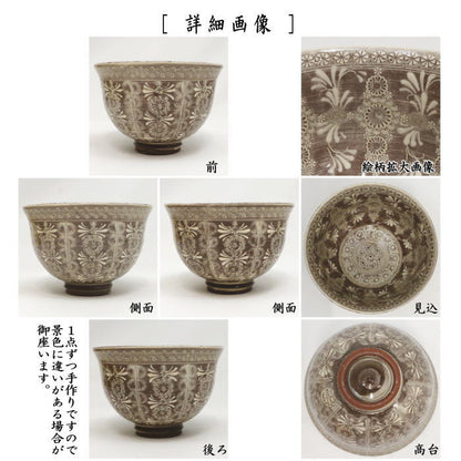 【茶器/茶道具　抹茶茶碗】　京焼き　紫三島　縦筋紋　口反りあり　森里陶楽作　（マ-27）