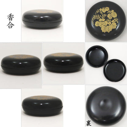 【茶器/茶道具　茶箱用三点セット】　塗　三点セット　黒塗り　花丸蒔絵　（茶筅筒・棗・香合）　中村宗悦作　木製　茶箱用3点セット