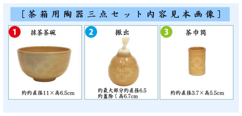 【茶器/茶道具　茶箱用三点セット】　陶器三点セット（陶器三つ揃）　萩焼き　七宝　田原陶兵衛窯（深川本窯）（抹茶茶碗・振出・茶巾筒）