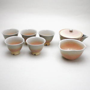 【煎茶道具　煎茶器】　煎茶器セット　萩焼き　泰山作　（湯のみ5客・宝瓶（急須）・湯さまし）