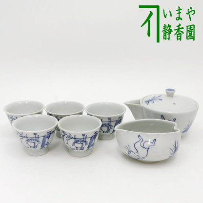 【煎茶道具　煎茶器/宝品】　煎茶器セット　京焼き　染付　高山寺　高野昭阿弥作　（湯のみ5客・宝瓶（急須）・湯さまし）