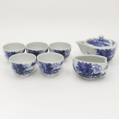 【煎茶道具　煎茶器】　煎茶器セット　京焼き　染付　山水　高野昭阿弥作　（湯のみ5客・宝瓶（急須）・湯さまし）