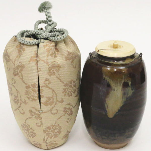 象牙取引確認書へのご署名が必要な商品【茶器/茶道具　茶入（お濃茶器）】　高取焼き　中興名物　染川写し　耳付　高取喜恵作　仕服：白地古金襴