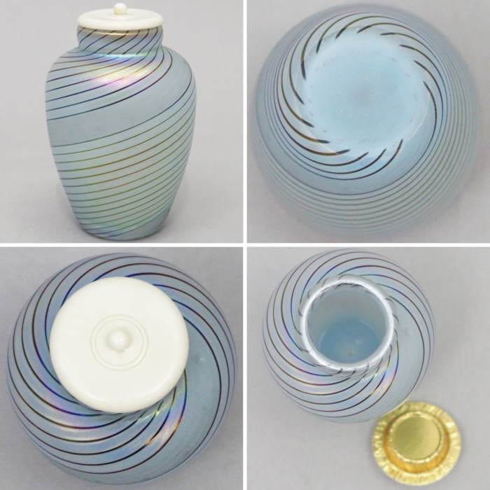 【茶器/茶道具　茶入（お濃茶器）】　ガラス（硝子）　肩衝　流線虹彩　高橋克典作　仕服：万葉華文