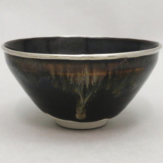 〇【Tea utensils/tea ceremony tools Matcha tea bowl】 Tenmoku tea bowl with rim, painted, made by Sadakazu Okeya