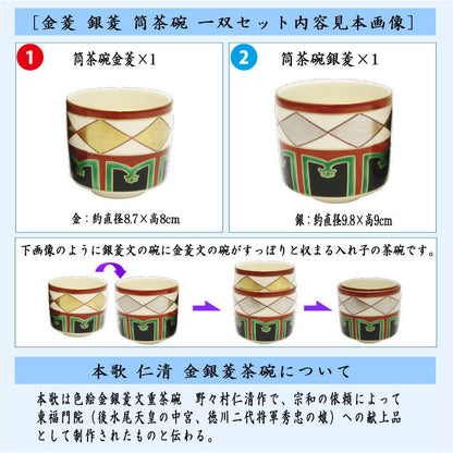 【茶器/茶道具　抹茶茶碗】　筒茶碗　一双　金菱　銀菱　山岡善高作