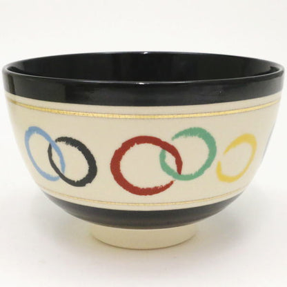 [Tea utensils/tea ceremony tools Matcha tea bowl] Black Ninsei, five-colored circle, made by Eiko Miyaji