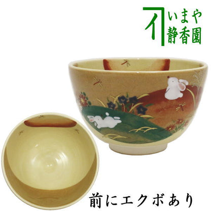 [Tea utensils/tea ceremony tools Matcha tea bowl Moon viewing] Autumn grass and rabbits, dimples on front, made by Eizan Kato