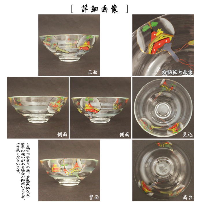 〇【茶器/茶道具　ガラス抹茶茶碗（硝子抹茶茶碗）】　ガラス（硝子）　平茶碗　団扇（京の夏）　小手鞠窯　耐熱硝子