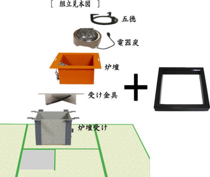 【茶器/茶道具　炉壇＆炉縁】　ヤマキ電器　4点セット　電器炭　炉壇　銅色 YU-603＆炉壇受け　内側コンセント付　YU-614＆受金具　ボード付 YU-615＆炉縁　掻合　（電器炭を取り外して炭用としても使えます）