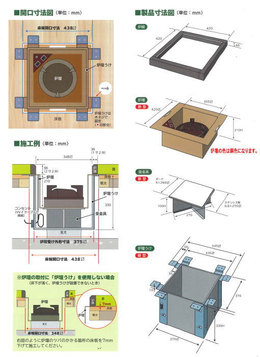 【茶器/茶道具　炉壇＆炉縁】　ヤマキ電器　4点セット　電器炭　炉壇　銅色 YU-603＆炉壇受け　内側コンセント付　YU-614＆受金具　ボード付 YU-615＆炉縁　掻合　（電器炭を取り外して炭用としても使えます）